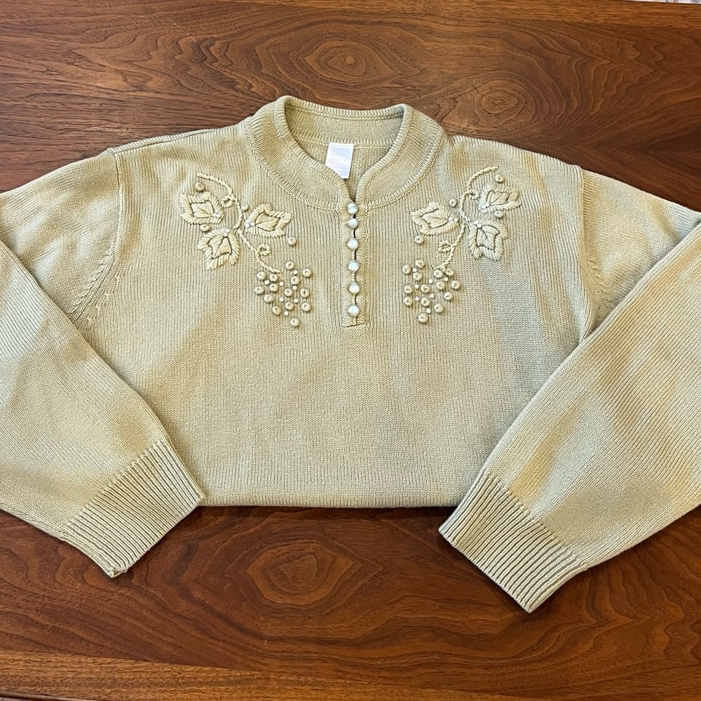 Pale Mint Beaded and Embroidered Sweater with Pearls